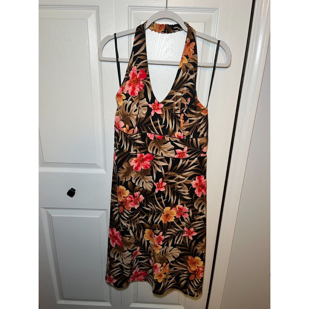 AB Studio Tropical Floral Halter Dress Women's Size 14 Black Hawaiian Midi